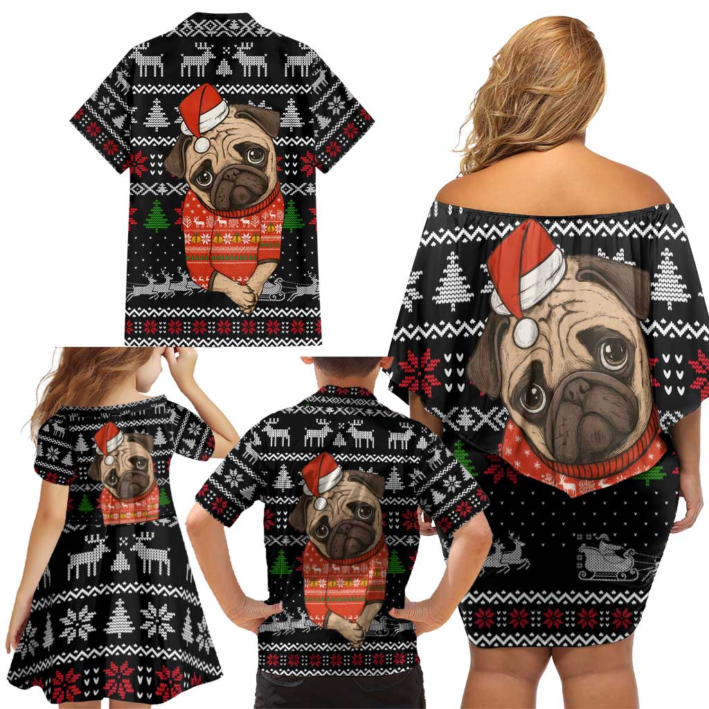 Lovely Pug Dog Christmas Family Matching Off Shoulder Short Dress and Hawaiian Shirt Xmas Holiday Patterns - Wonder Print Shop
