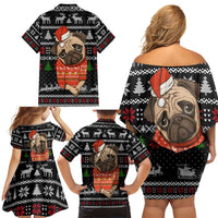 Lovely Pug Dog Christmas Family Matching Off Shoulder Short Dress and Hawaiian Shirt Xmas Holiday Patterns - Wonder Print Shop