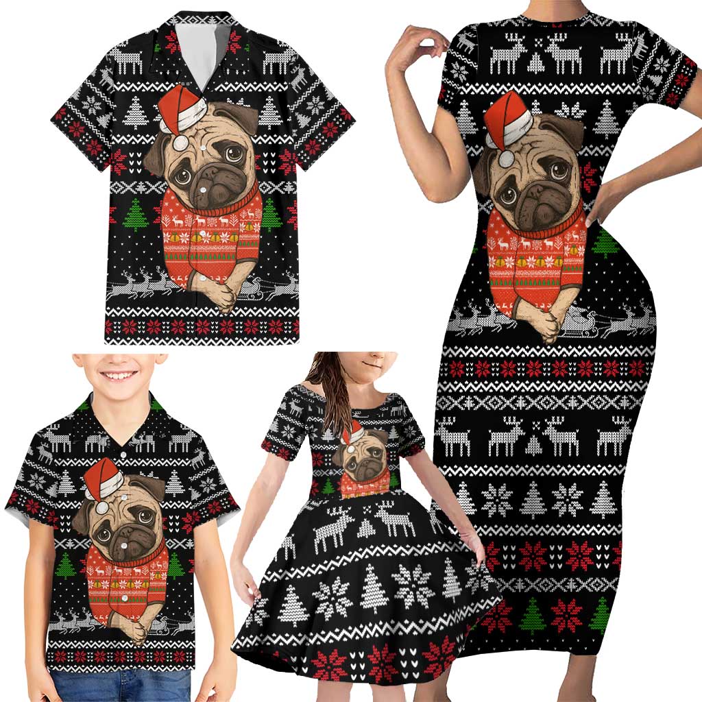 Lovely Pug Dog Christmas Family Matching Short Sleeve Bodycon Dress and Hawaiian Shirt Xmas Holiday Patterns - Wonder Print Shop