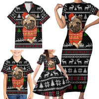 Lovely Pug Dog Christmas Family Matching Short Sleeve Bodycon Dress and Hawaiian Shirt Xmas Holiday Patterns - Wonder Print Shop