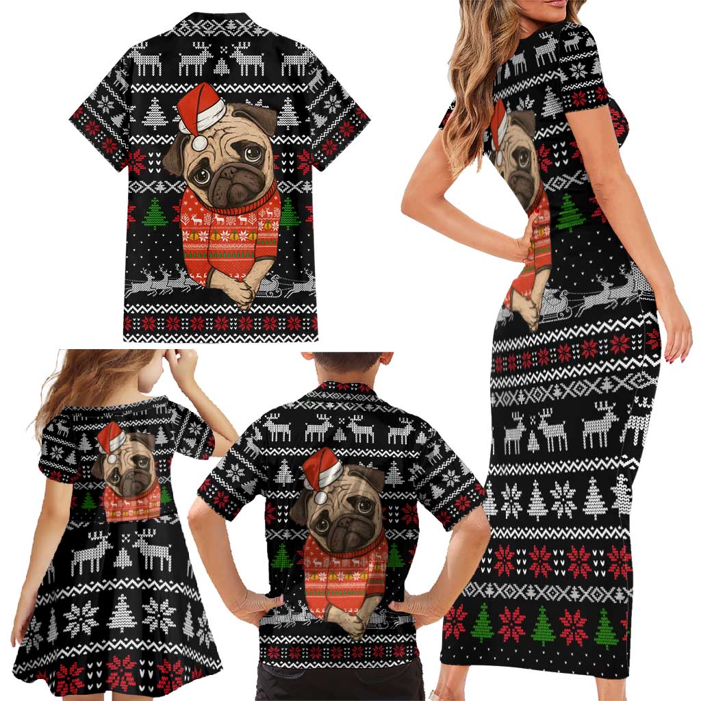 Lovely Pug Dog Christmas Family Matching Short Sleeve Bodycon Dress and Hawaiian Shirt Xmas Holiday Patterns - Wonder Print Shop