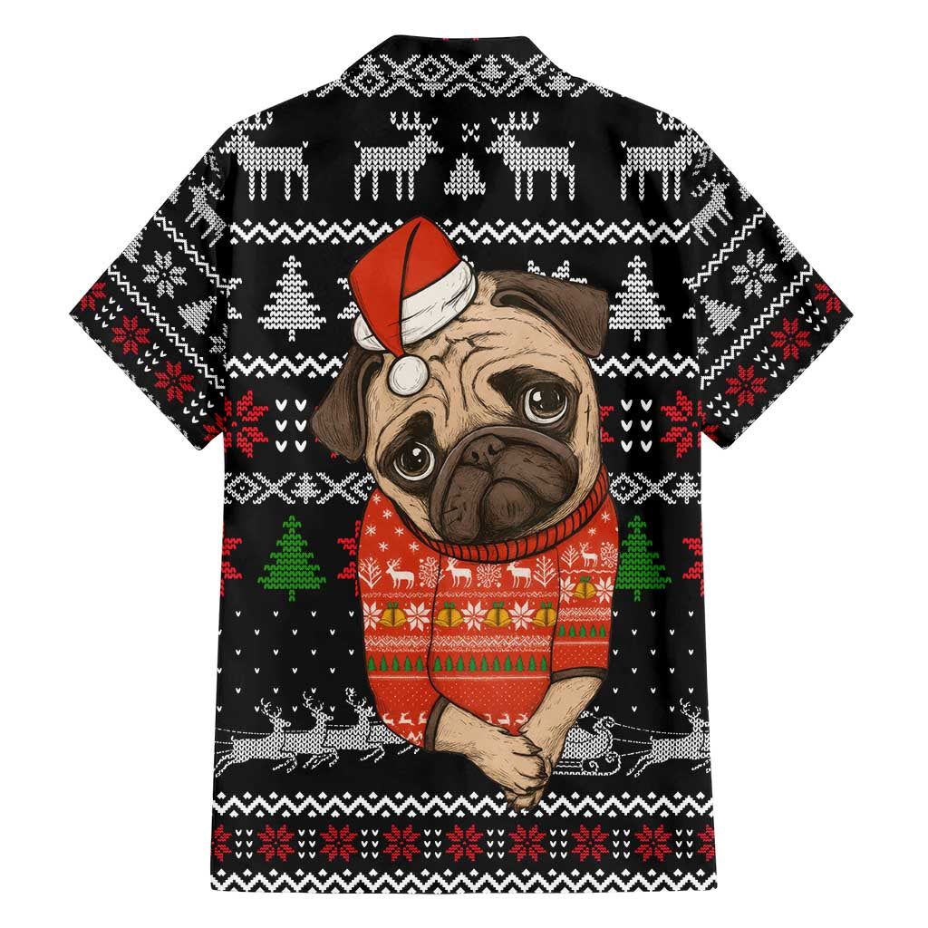 Lovely Pug Dog Christmas Family Matching Short Sleeve Bodycon Dress and Hawaiian Shirt Xmas Holiday Patterns - Wonder Print Shop