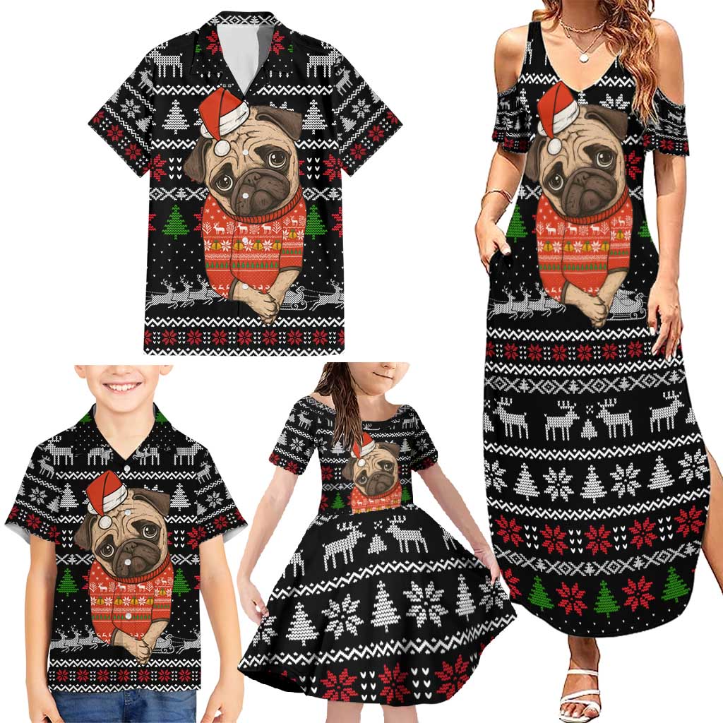 Lovely Pug Dog Christmas Family Matching Summer Maxi Dress and Hawaiian Shirt Xmas Holiday Patterns - Wonder Print Shop