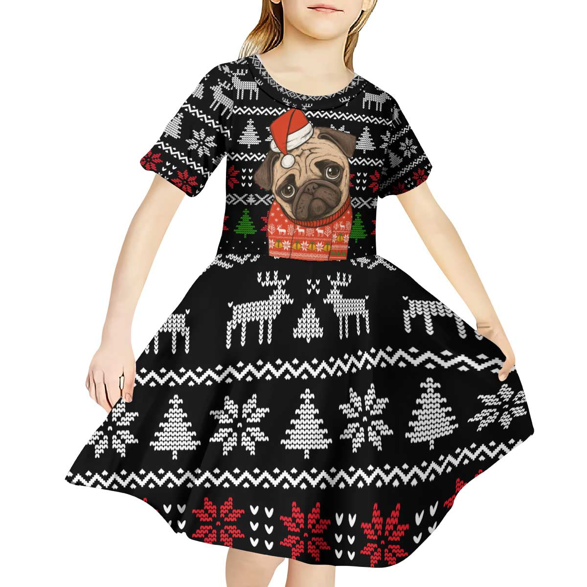 Lovely Pug Dog Christmas Kid Short Sleeve Dress Xmas Holiday Patterns - Wonder Print Shop