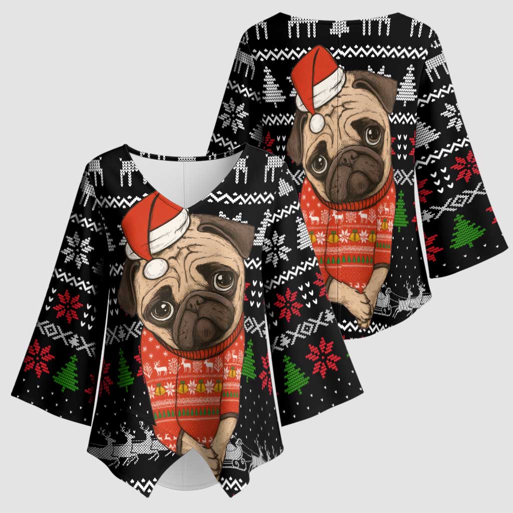 Lovely Pug Dog Christmas Kimono Sleeve Blouse Xmas Holiday Patterns - Wonder Print Shop