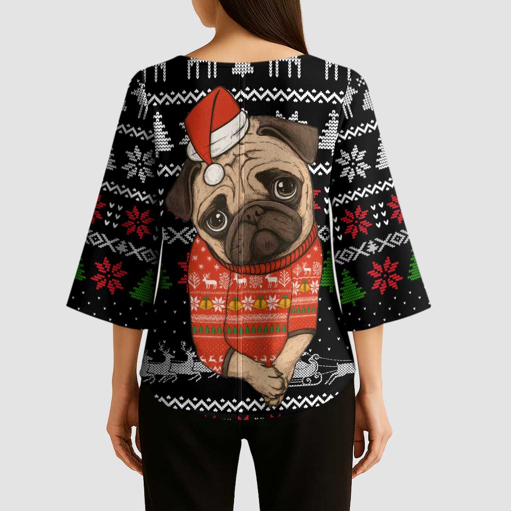 Lovely Pug Dog Christmas Kimono Sleeve Blouse Xmas Holiday Patterns - Wonder Print Shop