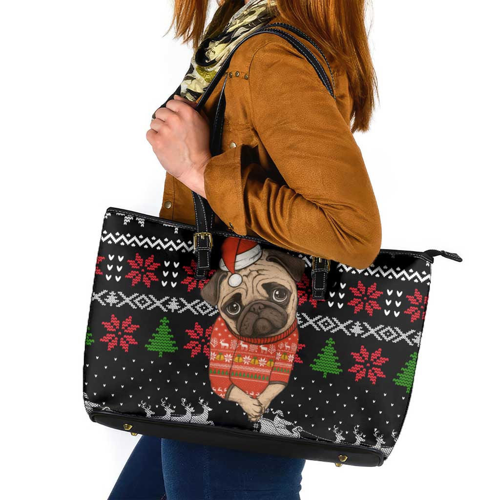 Lovely Pug Dog Christmas Leather Tote Bag Xmas Holiday Patterns - Wonder Print Shop
