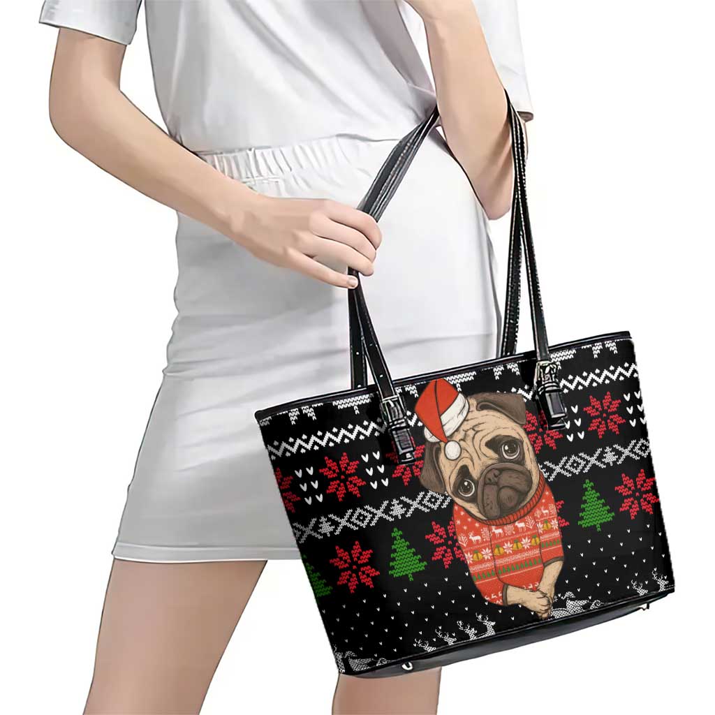 Lovely Pug Dog Christmas Leather Tote Bag Xmas Holiday Patterns - Wonder Print Shop