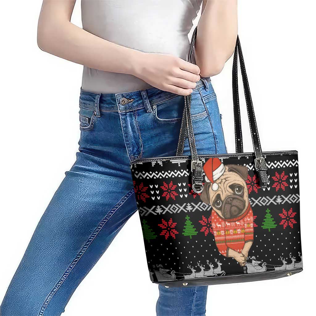 Lovely Pug Dog Christmas Leather Tote Bag Xmas Holiday Patterns - Wonder Print Shop