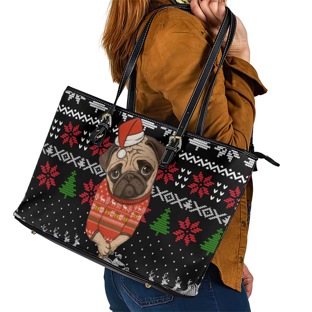 Lovely Pug Dog Christmas Leather Tote Bag Xmas Holiday Patterns - Wonder Print Shop