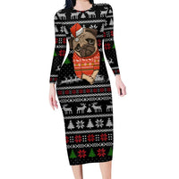 Lovely Pug Dog Christmas Long Sleeve Bodycon Dress Xmas Holiday Patterns - Wonder Print Shop