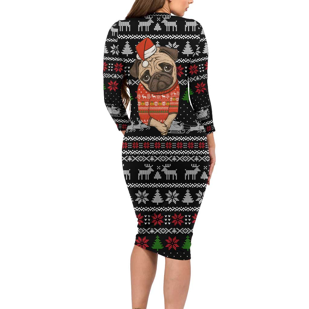Lovely Pug Dog Christmas Long Sleeve Bodycon Dress Xmas Holiday Patterns - Wonder Print Shop