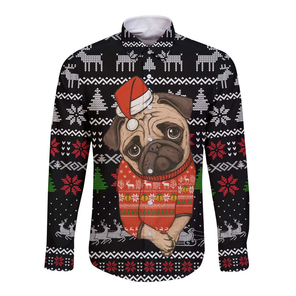 Lovely Pug Dog Christmas Long Sleeve Button Shirt Xmas Holiday Patterns - Wonder Print Shop