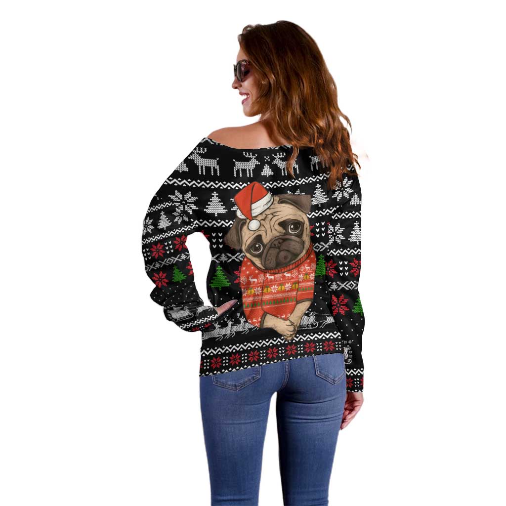 Lovely Pug Dog Christmas Off Shoulder Sweater Xmas Holiday Patterns - Wonder Print Shop