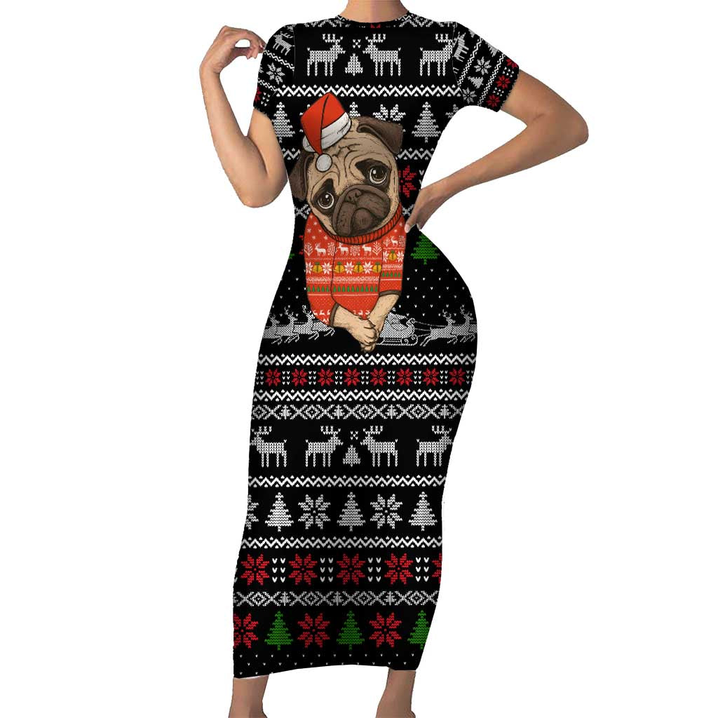 Lovely Pug Dog Christmas Short Sleeve Bodycon Dress Xmas Holiday Patterns - Wonder Print Shop