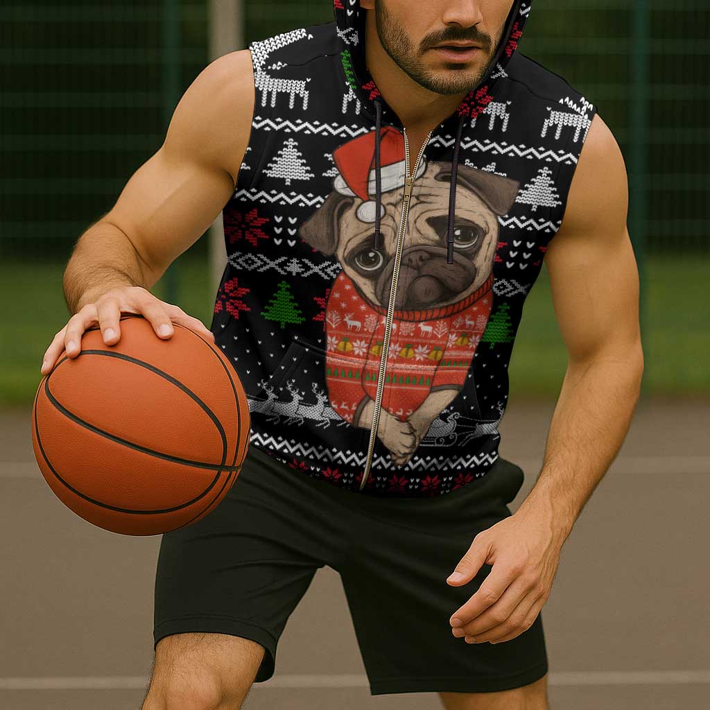 Lovely Pug Dog Christmas Sleeveless Zip Hoodie Xmas Holiday Patterns - Wonder Print Shop