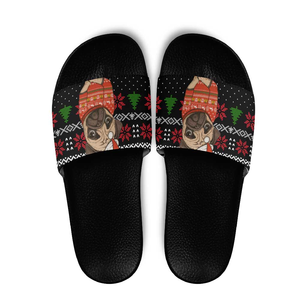 Lovely Pug Dog Christmas Slide Sandals Xmas Holiday Patterns - Wonder Print Shop