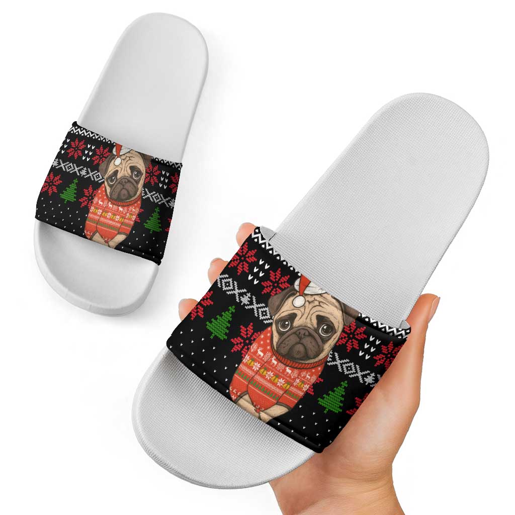 Lovely Pug Dog Christmas Slide Sandals Xmas Holiday Patterns - Wonder Print Shop