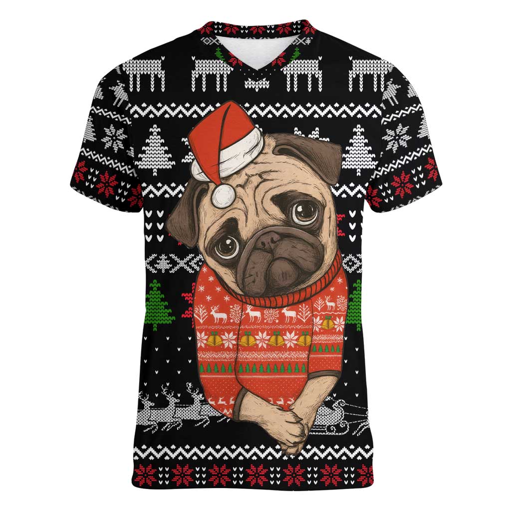 Lovely Pug Dog Christmas Women V-Neck T-Shirt Xmas Holiday Patterns - Wonder Print Shop