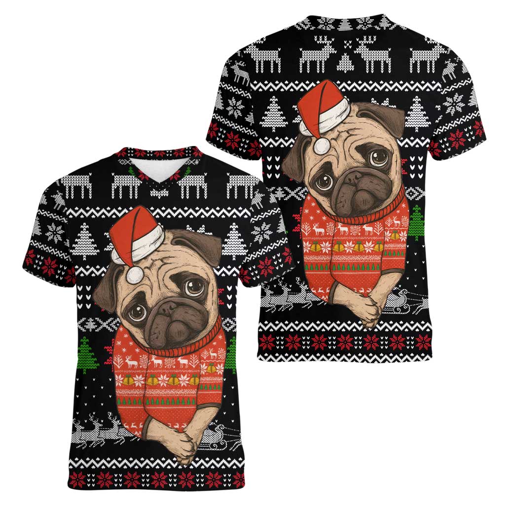 Lovely Pug Dog Christmas Women V-Neck T-Shirt Xmas Holiday Patterns - Wonder Print Shop