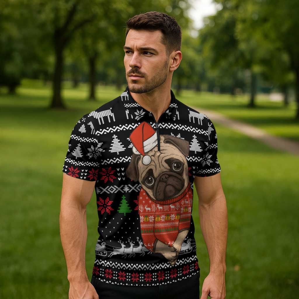 Lovely Pug Dog Christmas Zipper Polo Shirt Xmas Holiday Patterns - Wonder Print Shop