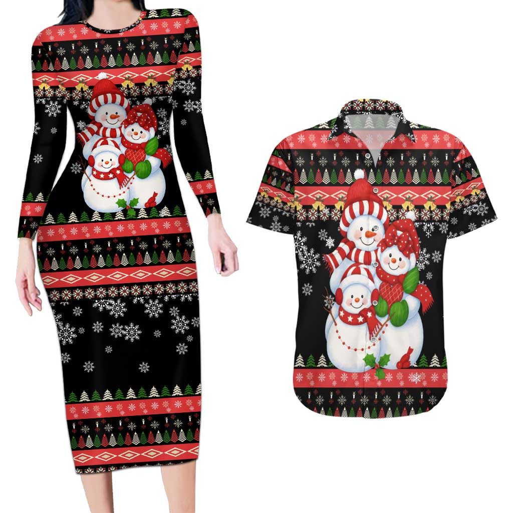 Lovely Snowman Christmas Couples Matching Long Sleeve Bodycon Dress and Hawaiian Shirt Xmas Holiday Patterns - Wonder Print Shop