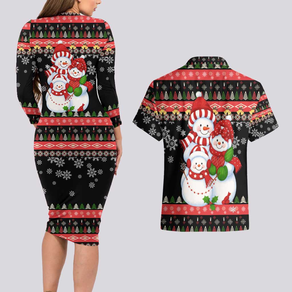 Lovely Snowman Christmas Couples Matching Long Sleeve Bodycon Dress and Hawaiian Shirt Xmas Holiday Patterns - Wonder Print Shop