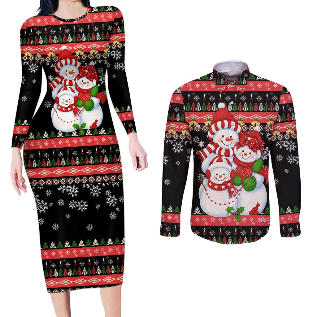 Lovely Snowman Christmas Couples Matching Long Sleeve Bodycon Dress and Long Sleeve Button Shirt Xmas Holiday Patterns - Wonder Print Shop
