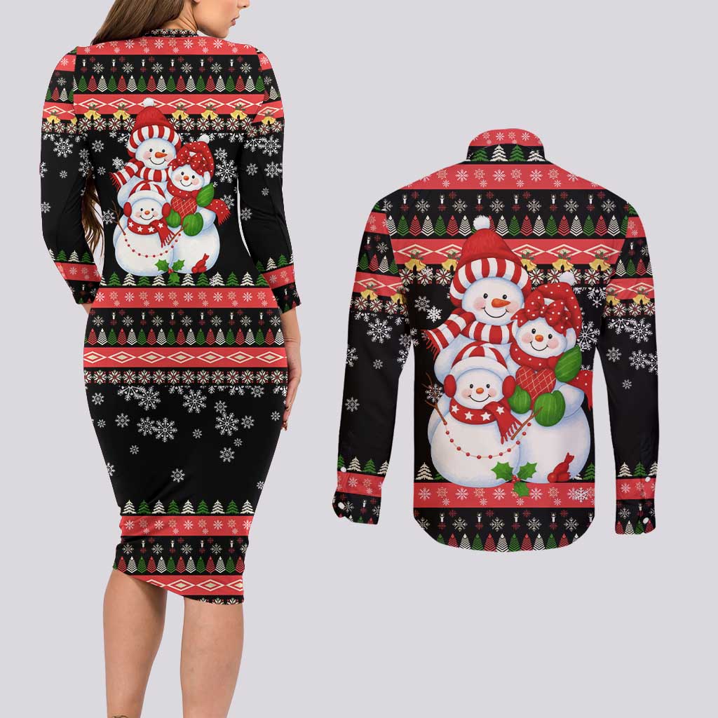 Lovely Snowman Christmas Couples Matching Long Sleeve Bodycon Dress and Long Sleeve Button Shirt Xmas Holiday Patterns - Wonder Print Shop