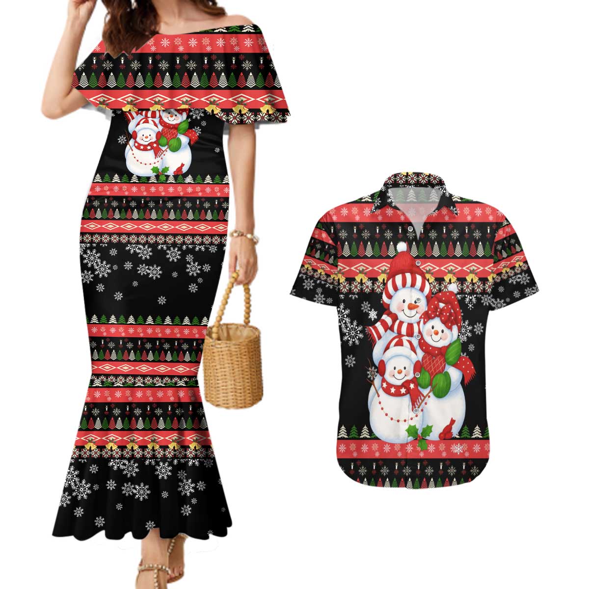 Lovely Snowman Christmas Couples Matching Mermaid Dress and Hawaiian Shirt Xmas Holiday Patterns - Wonder Print Shop