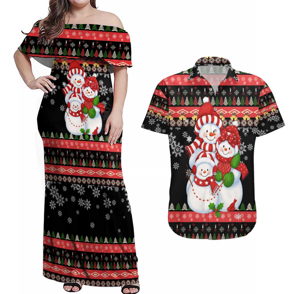 Lovely Snowman Christmas Couples Matching Off Shoulder Maxi Dress and Hawaiian Shirt Xmas Holiday Patterns - Wonder Print Shop