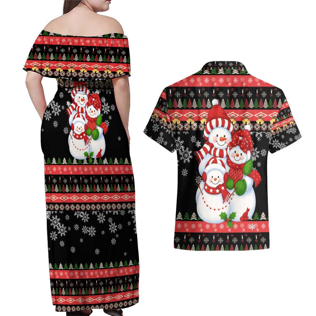 Lovely Snowman Christmas Couples Matching Off Shoulder Maxi Dress and Hawaiian Shirt Xmas Holiday Patterns - Wonder Print Shop