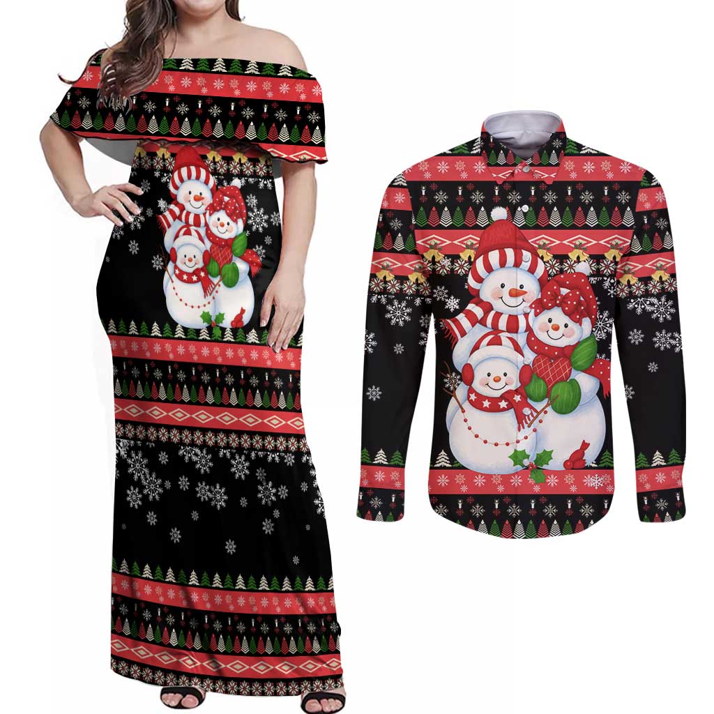 Lovely Snowman Christmas Couples Matching Off Shoulder Maxi Dress and Long Sleeve Button Shirt Xmas Holiday Patterns - Wonder Print Shop