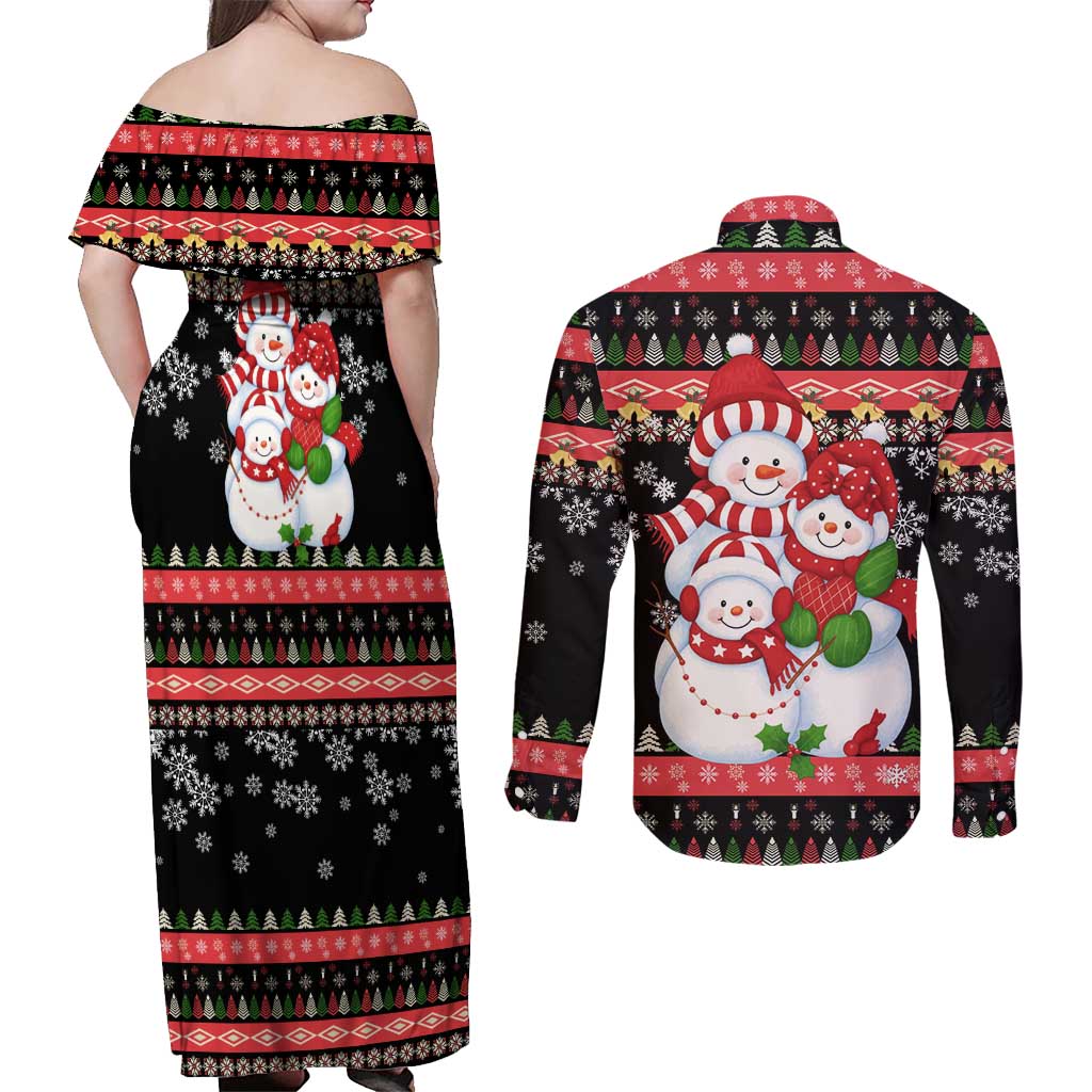 Lovely Snowman Christmas Couples Matching Off Shoulder Maxi Dress and Long Sleeve Button Shirt Xmas Holiday Patterns - Wonder Print Shop