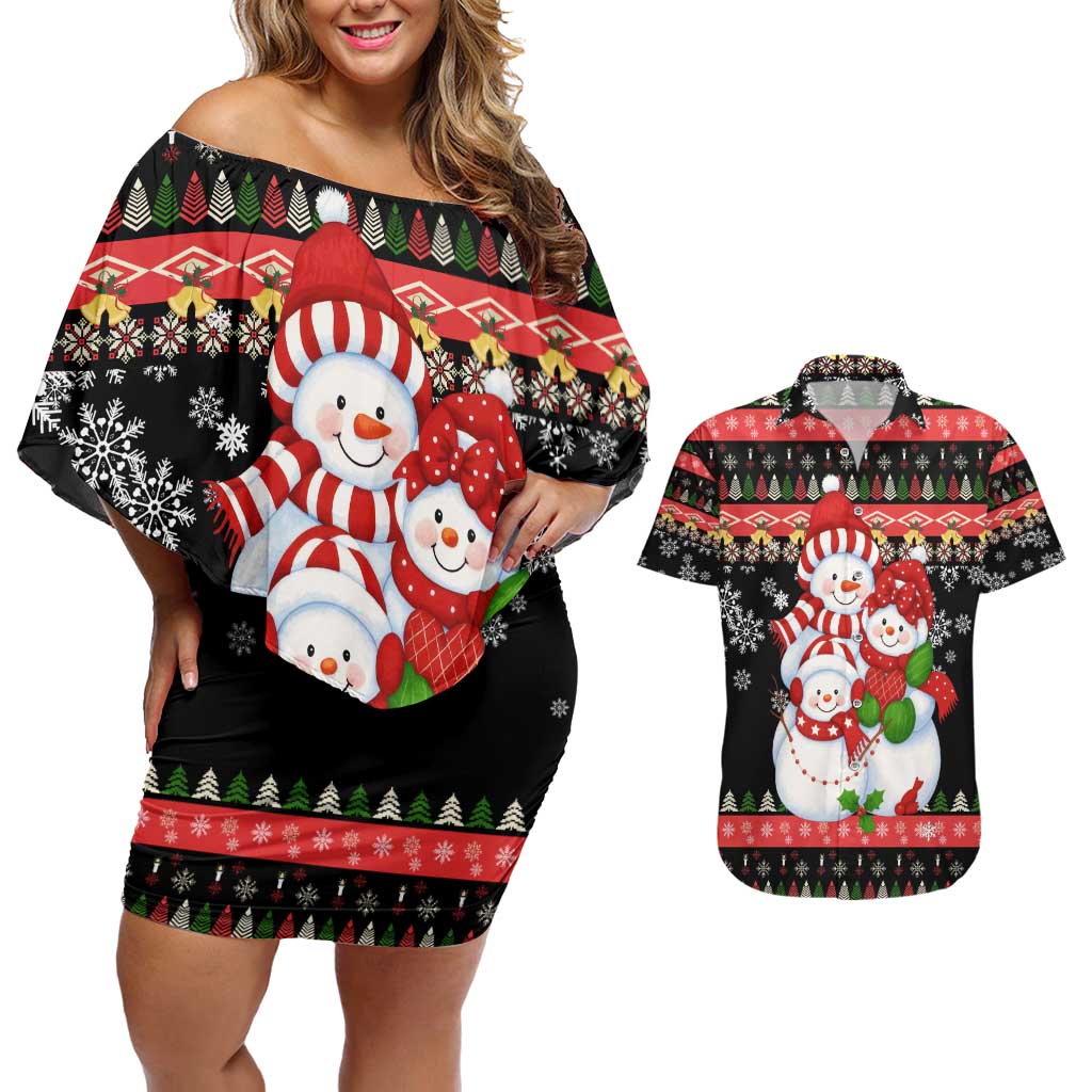 Lovely Snowman Christmas Couples Matching Off Shoulder Short Dress and Hawaiian Shirt Xmas Holiday Patterns - Wonder Print Shop
