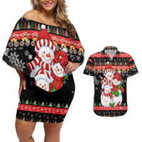 Lovely Snowman Christmas Couples Matching Off Shoulder Short Dress and Hawaiian Shirt Xmas Holiday Patterns - Wonder Print Shop
