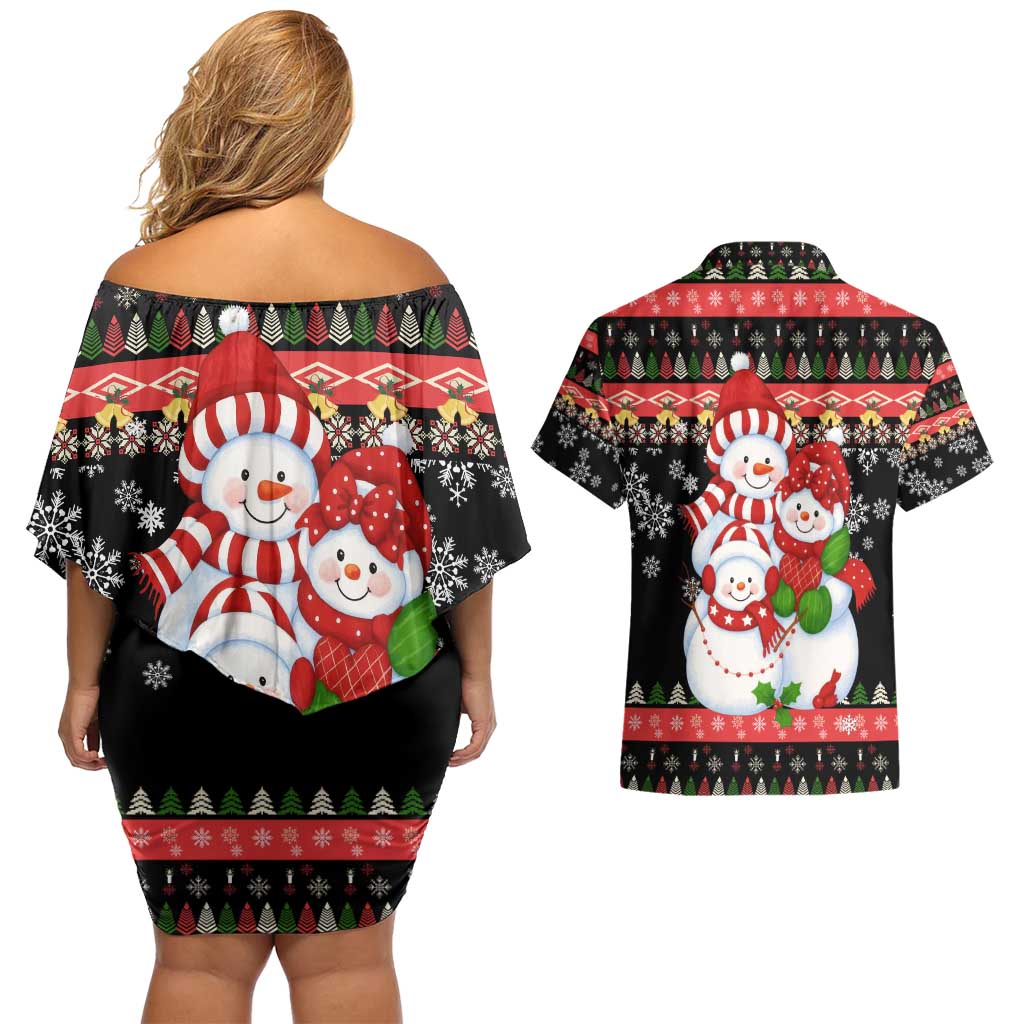 Lovely Snowman Christmas Couples Matching Off Shoulder Short Dress and Hawaiian Shirt Xmas Holiday Patterns - Wonder Print Shop