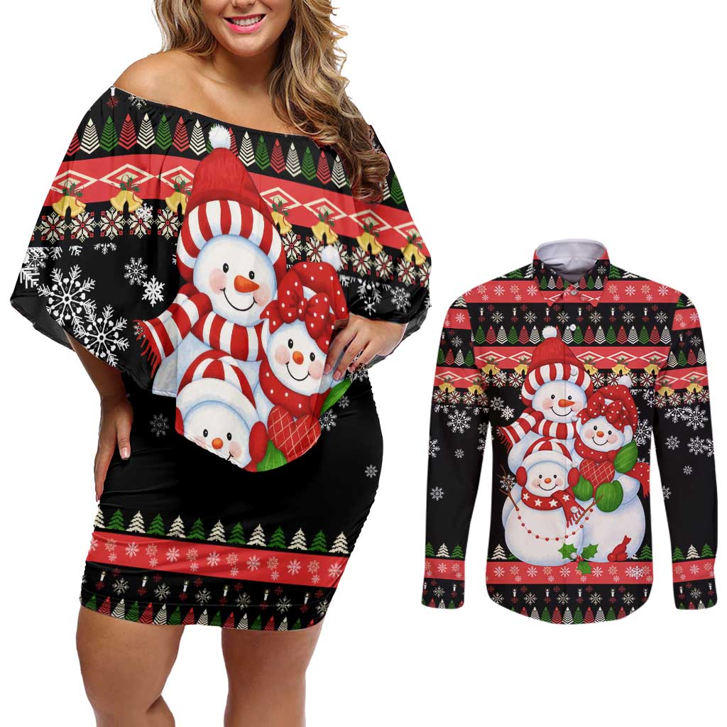 Lovely Snowman Christmas Couples Matching Off Shoulder Short Dress and Long Sleeve Button Shirt Xmas Holiday Patterns - Wonder Print Shop