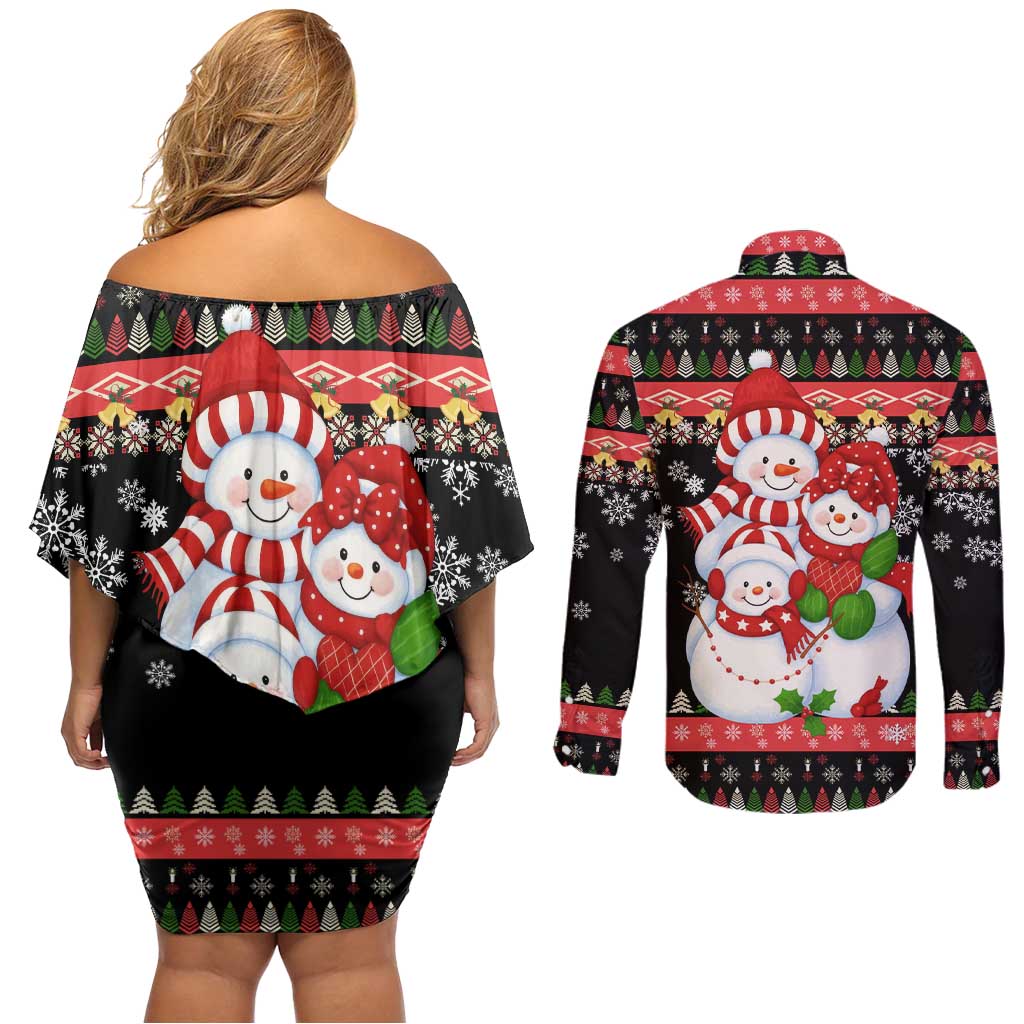 Lovely Snowman Christmas Couples Matching Off Shoulder Short Dress and Long Sleeve Button Shirt Xmas Holiday Patterns - Wonder Print Shop