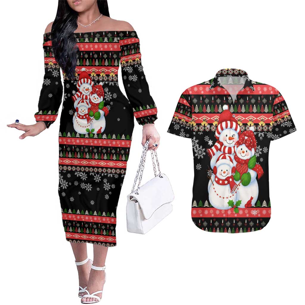 Lovely Snowman Christmas Couples Matching Off The Shoulder Long Sleeve Dress and Hawaiian Shirt Xmas Holiday Patterns - Wonder Print Shop