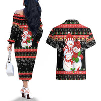 Lovely Snowman Christmas Couples Matching Off The Shoulder Long Sleeve Dress and Hawaiian Shirt Xmas Holiday Patterns - Wonder Print Shop