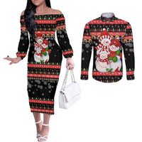 Lovely Snowman Christmas Couples Matching Off The Shoulder Long Sleeve Dress and Long Sleeve Button Shirt Xmas Holiday Patterns - Wonder Print Shop