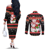 Lovely Snowman Christmas Couples Matching Off The Shoulder Long Sleeve Dress and Long Sleeve Button Shirt Xmas Holiday Patterns - Wonder Print Shop