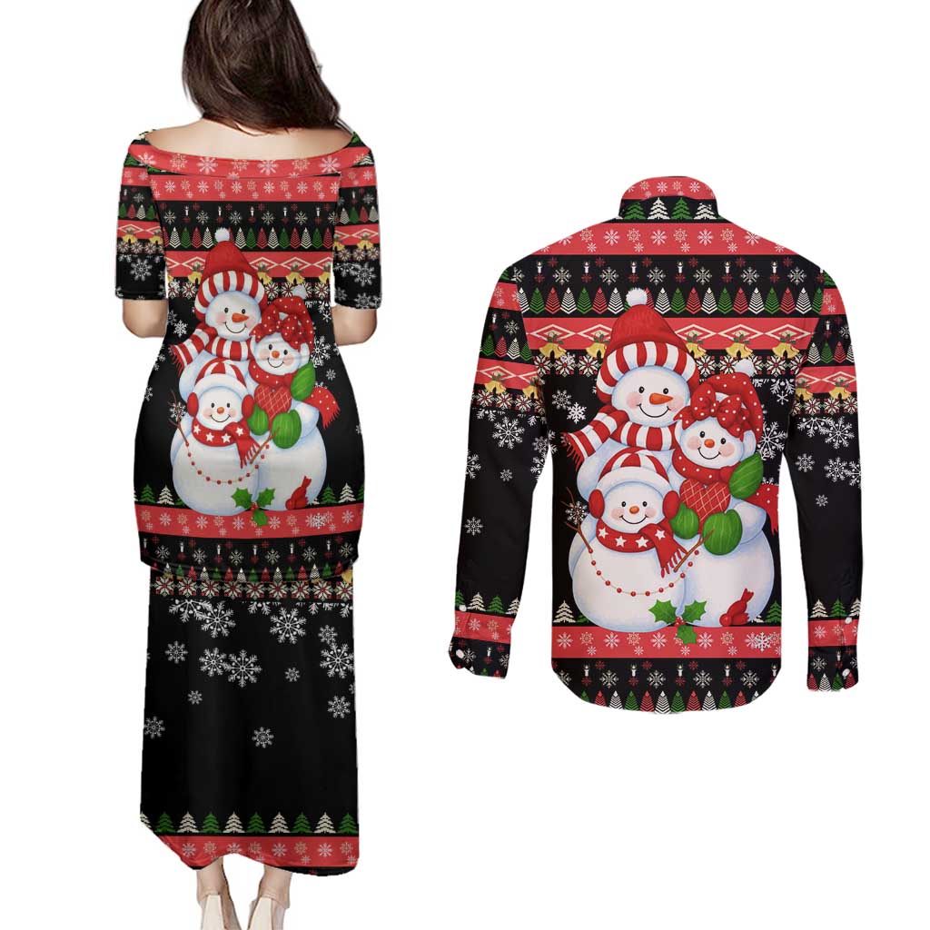 Lovely Snowman Christmas Couples Matching Puletasi and Long Sleeve Button Shirt Xmas Holiday Patterns - Wonder Print Shop