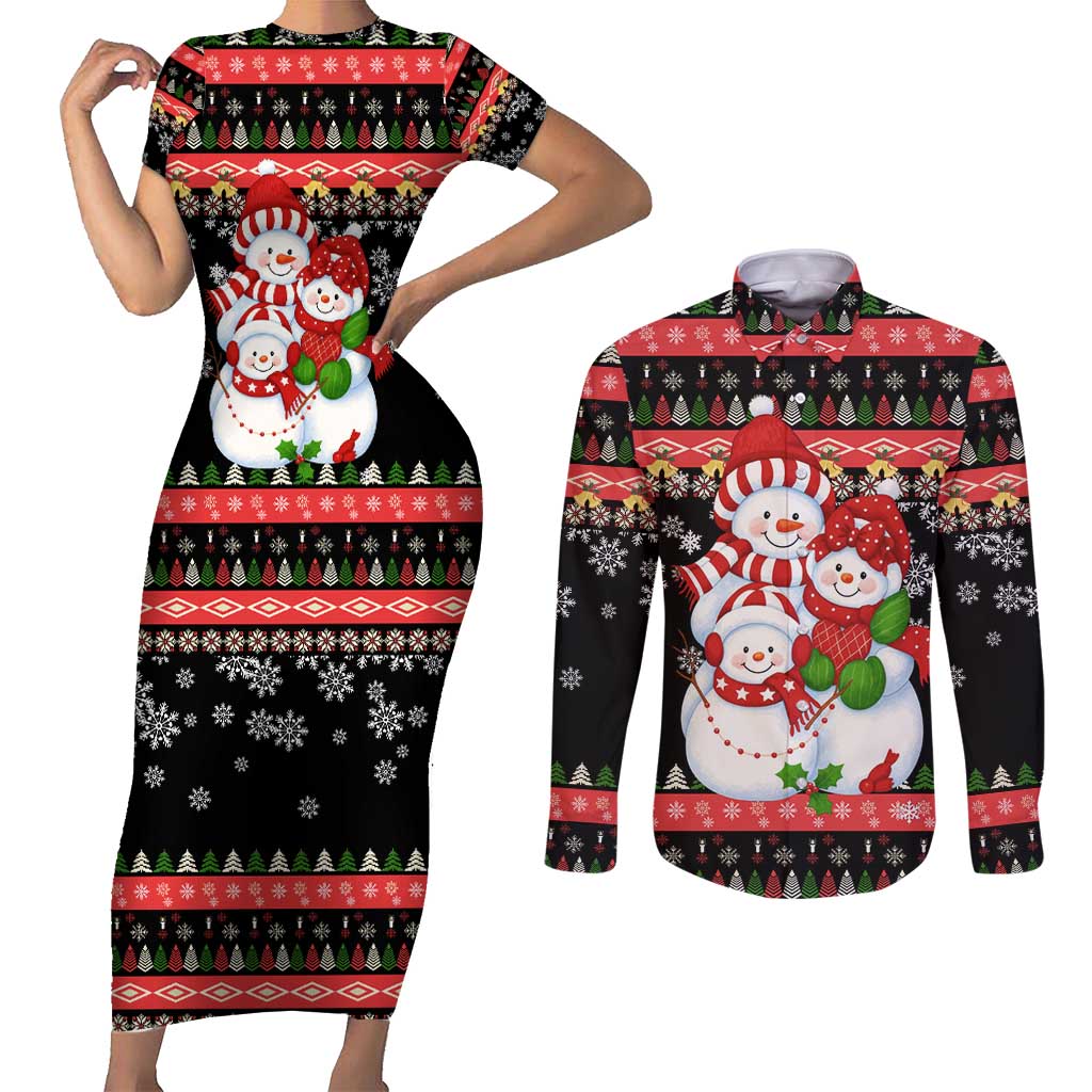 Lovely Snowman Christmas Couples Matching Short Sleeve Bodycon Dress and Long Sleeve Button Shirt Xmas Holiday Patterns - Wonder Print Shop