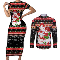 Lovely Snowman Christmas Couples Matching Short Sleeve Bodycon Dress and Long Sleeve Button Shirt Xmas Holiday Patterns - Wonder Print Shop