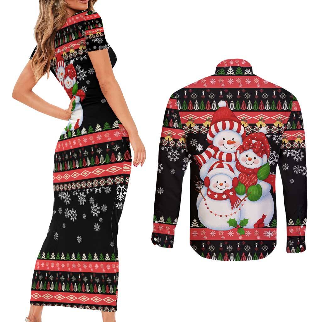 Lovely Snowman Christmas Couples Matching Short Sleeve Bodycon Dress and Long Sleeve Button Shirt Xmas Holiday Patterns - Wonder Print Shop