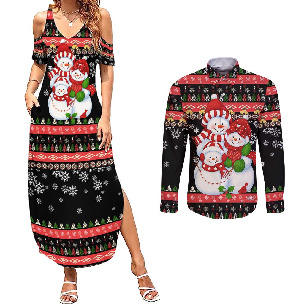 Lovely Snowman Christmas Couples Matching Summer Maxi Dress and Long Sleeve Button Shirt Xmas Holiday Patterns - Wonder Print Shop