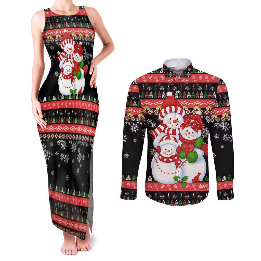 Lovely Snowman Christmas Couples Matching Tank Maxi Dress and Long Sleeve Button Shirt Xmas Holiday Patterns - Wonder Print Shop