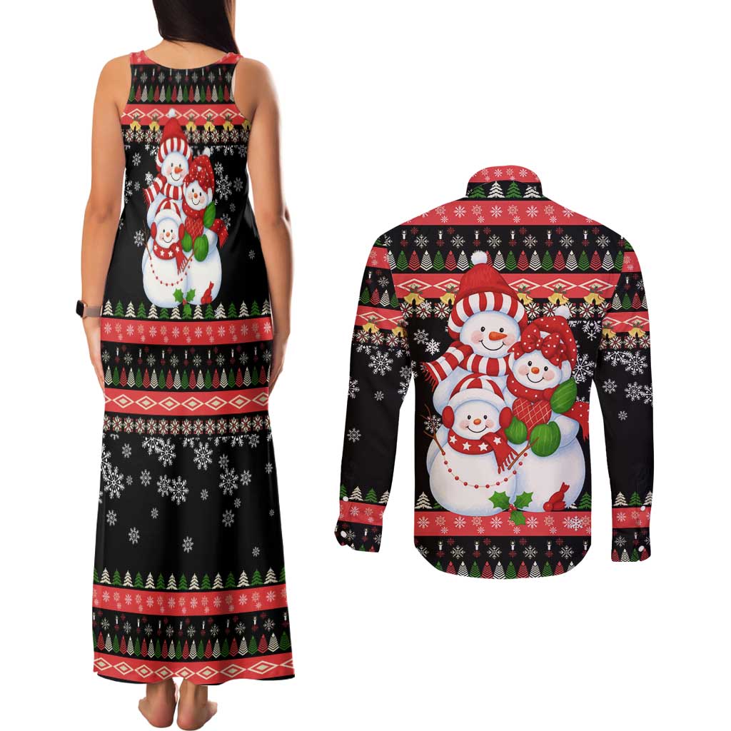 Lovely Snowman Christmas Couples Matching Tank Maxi Dress and Long Sleeve Button Shirt Xmas Holiday Patterns - Wonder Print Shop